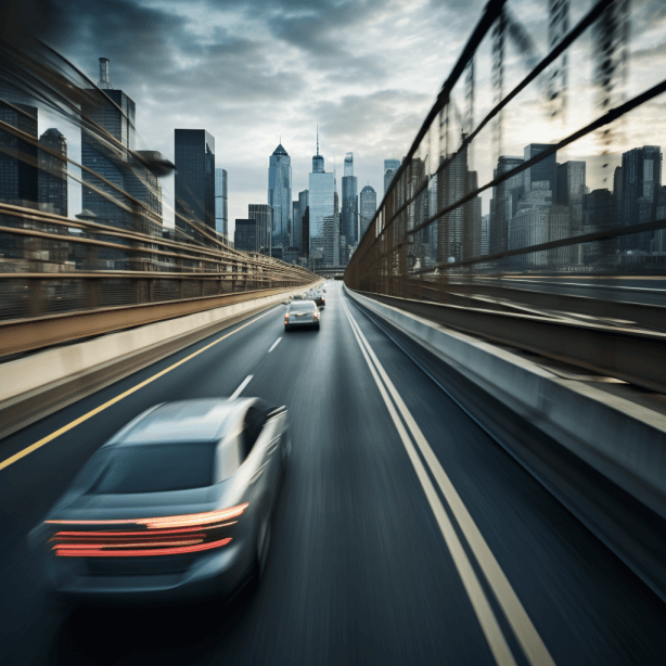 Cars speeding on a bridge in New York